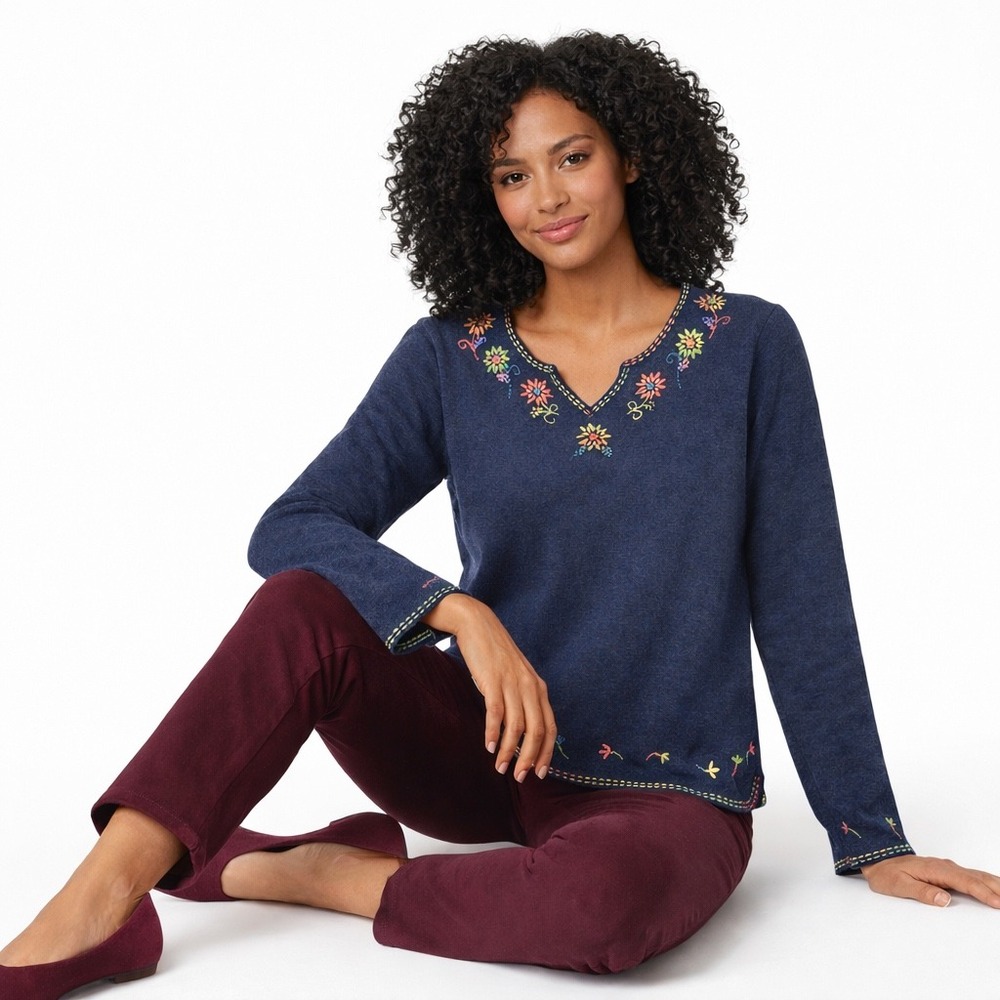 Vtg Talbots Petites Women Navy Embroidered Sweater PS Small Floral Cottaecore